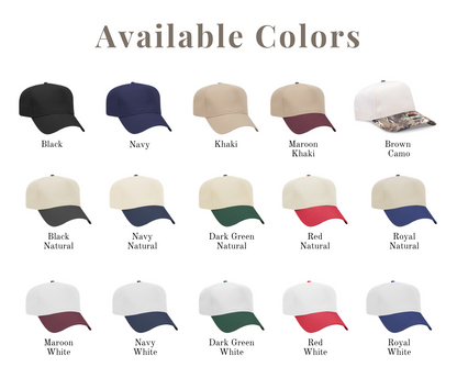 Color chart of baseball caps with various color options on a white background