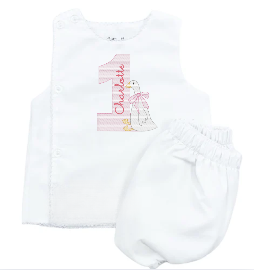 One Silly Goose Sketch Picot Trim Diaper Dress Set