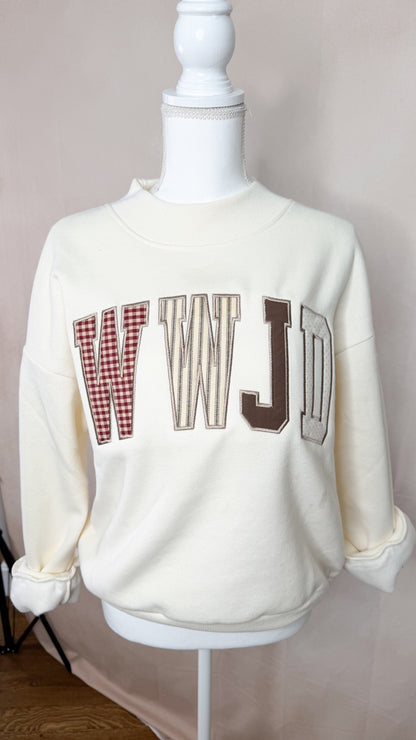White sweatshirt with text and checkered design on a mannequin against a neutral background