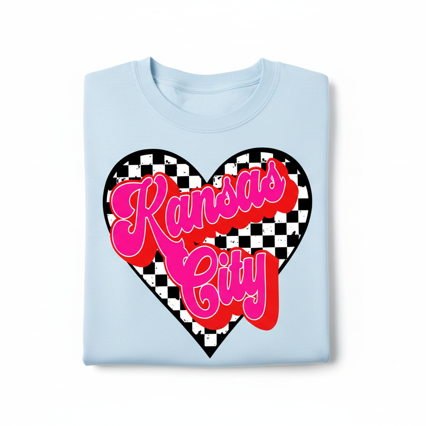 White sweatshirt with a red and pink 'Kansas City' design on a white background