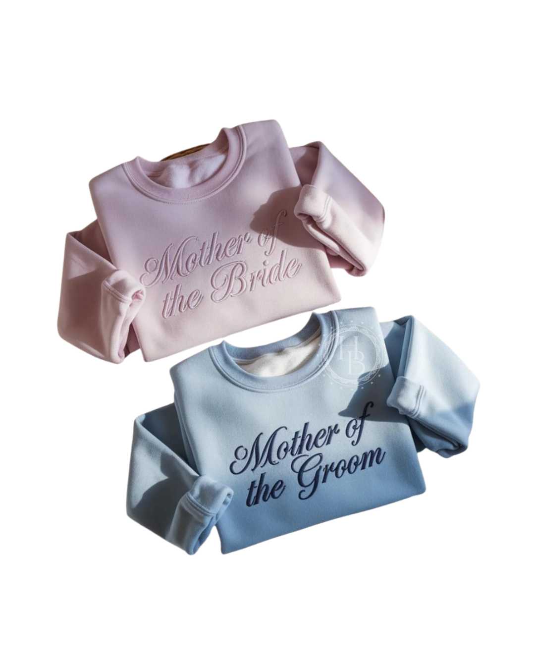 Two sweatshirts, one pink and one blue, with 'Mother of the Bride' and 'Mother of the Groom' text.