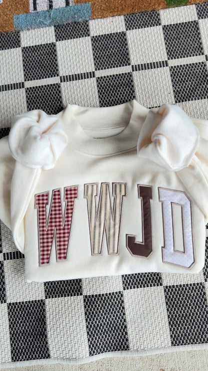 WWJD appliqué mockneck sweatshirt