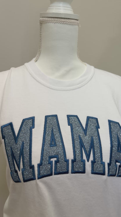 Blue Glitter Mama White Tee