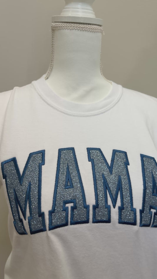 Blue Glitter Mama White Tee