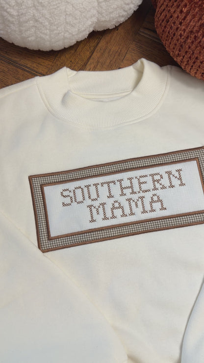 Southern Mama Cross Stitch Gingham Appliqué Mockneck