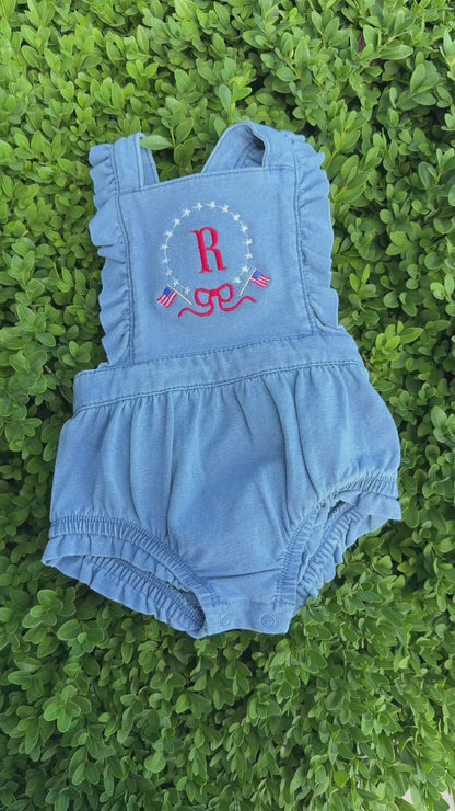 Patriotic Star Frame Denim Ruffle Romper