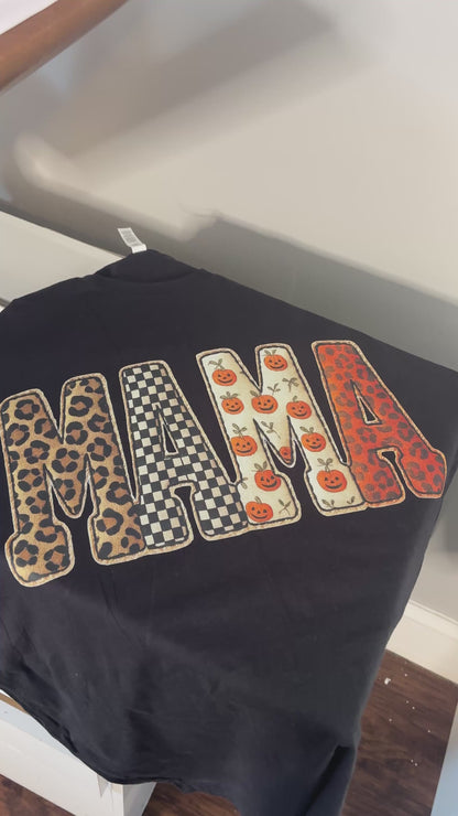 Halloween MAMA Patchwork Tee | Comfort Colors Shirt for MAMA • NANA • GIGI • MIMI