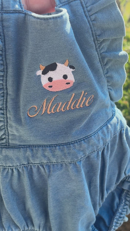 Mini Cow Girl Name Denim Ruffle Romper